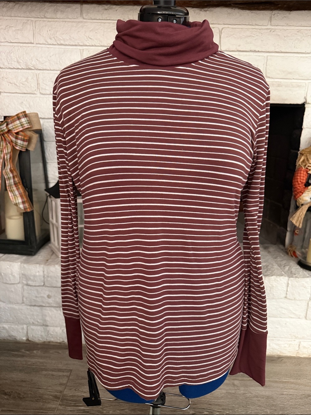 Women's Burgundy Striped Turtleneck Long-Sleeve Top